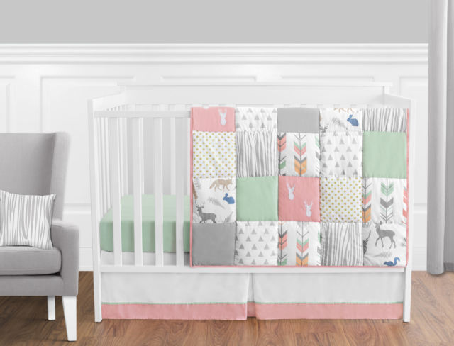 Coral MINT and Grey Woodsy Deer Baby Bedding 11pc Girls Crib Set by