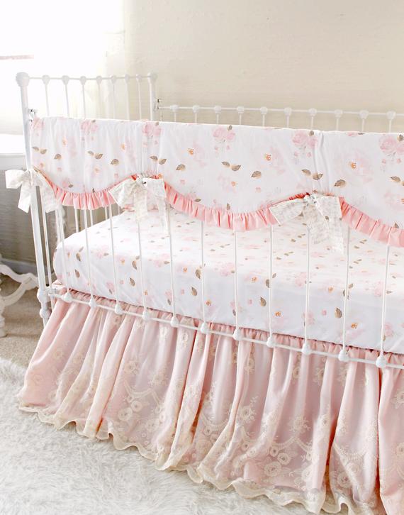 Baby Girl Crib Bedding Set- Farmhouse Style Nursery 3PC Crib Set