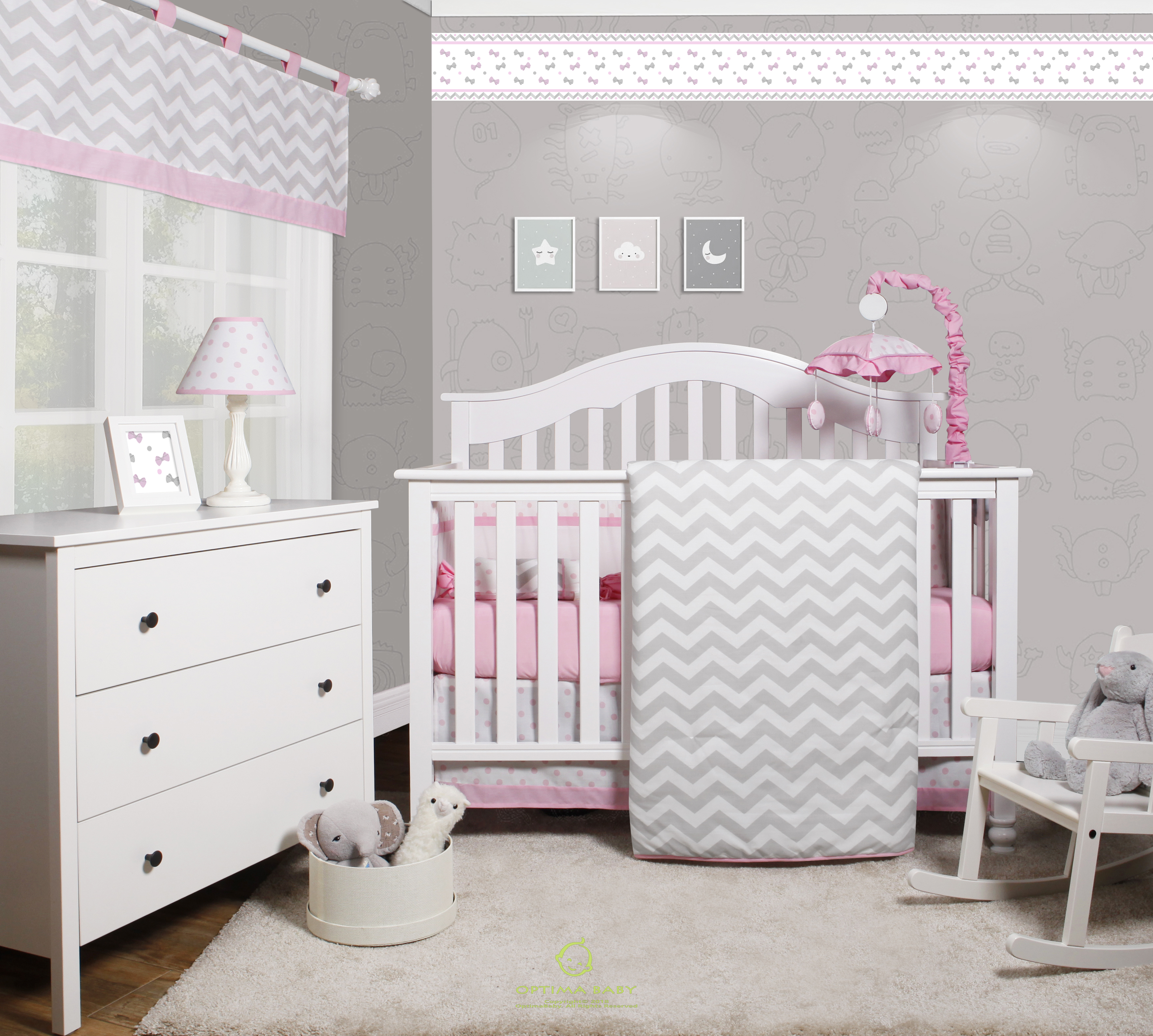 OptimaBaby Pink Grey Chevron 6 Piece Baby Girl Nursery Crib Bedding