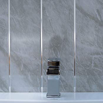 Grey marble bathroom wall panels with chrome silver strips, Cladding