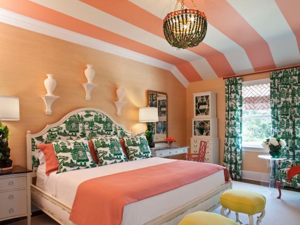 Coral and Green Patterned Bedroom