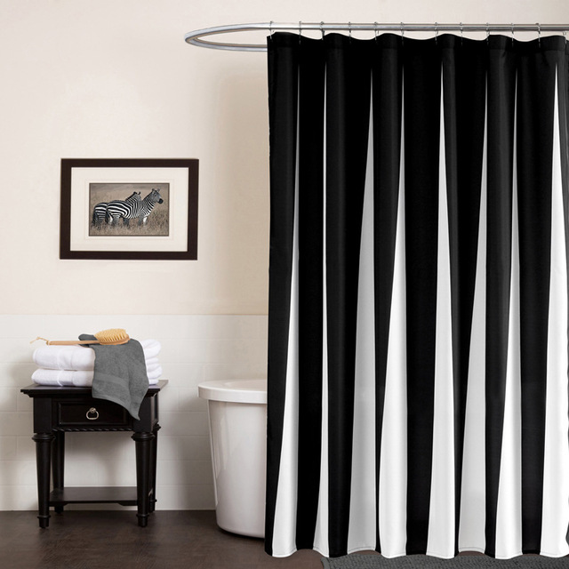 Modern Polyester Shower Curtains Black White Striped Printed