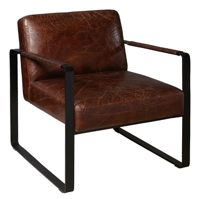 Modern Style Distressed Brown Leather Black Metal Frame Arm Chair