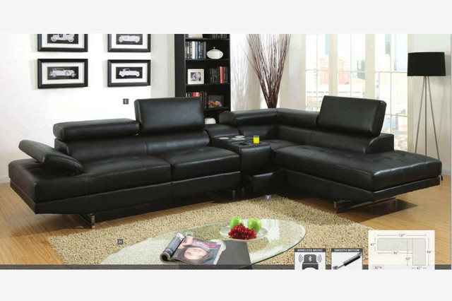 Modern Black Leather Sectional Sofa Couch Console Bluetooth Speaker