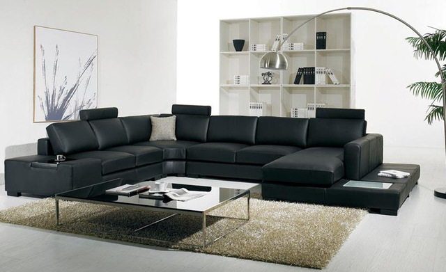 Black leather sofa Modern Large Size U Shaped Sofa Set with light