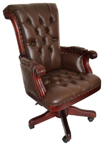 Regal Brown Leather Office Chair With Wood Trim - Traditional