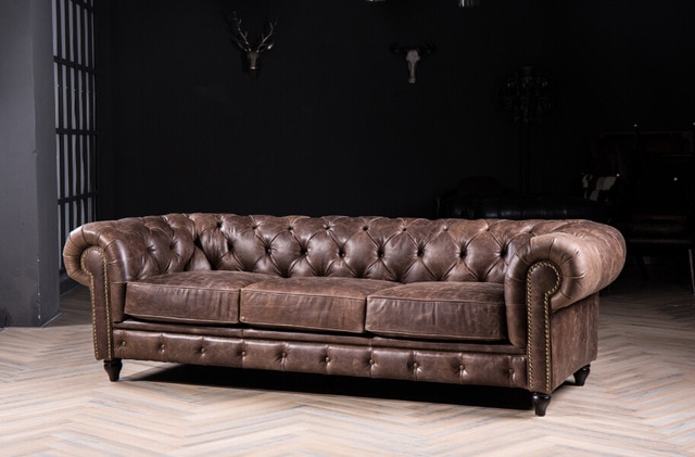 Chesterfield sofa with vintage italian leather for antique style