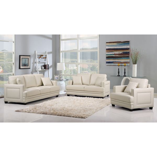 Shop Ferrara Beige Leather Nailhead Modern Contemporary Living Room