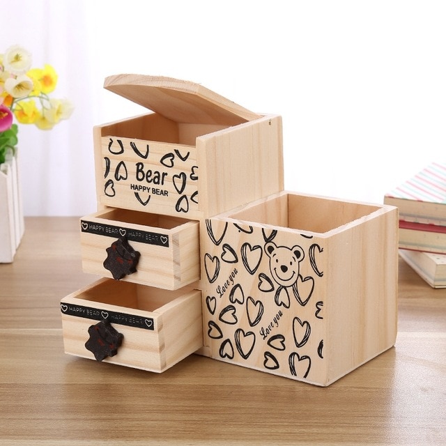 Bear Wooden Pen Holder Kawaii Desk Tidy Organizer Pencil Holder Cute