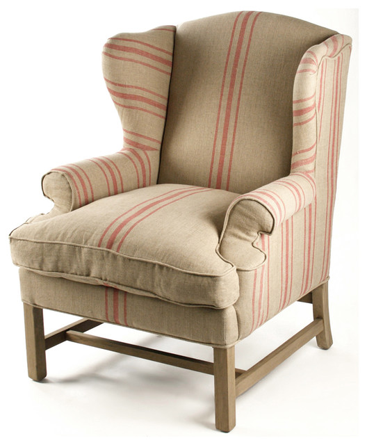 Khaki Linen English Club Chair with Red Stripe - Traditional