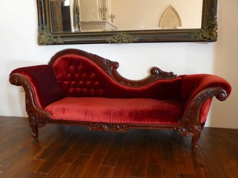 Amazing Fainting Couch Featured Red Velvet Fabric And Wooden Carved