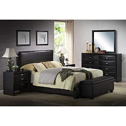 Amazon.com: Queen Faux Leather Bed, Black, Headboard, footboard