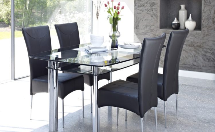 Black Rectangular Glass Dining Room Furniture Table And Chairs