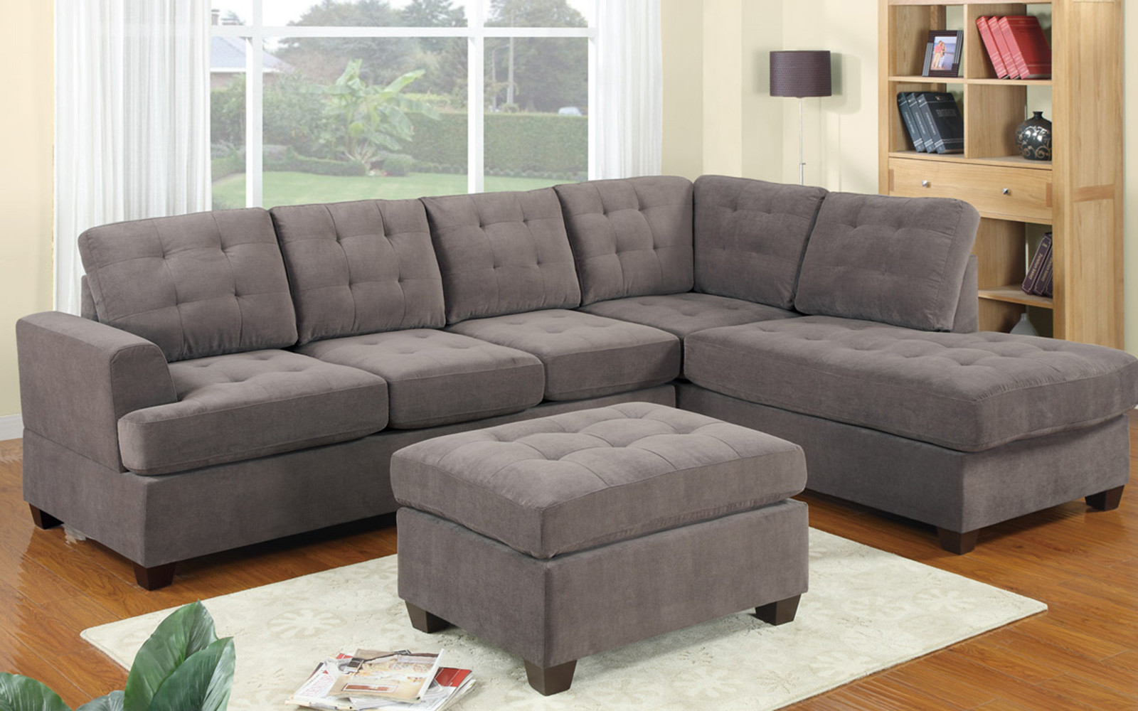 2 Piece Modern Reversible Grey Tufted Microfiber Sectional Sofa with