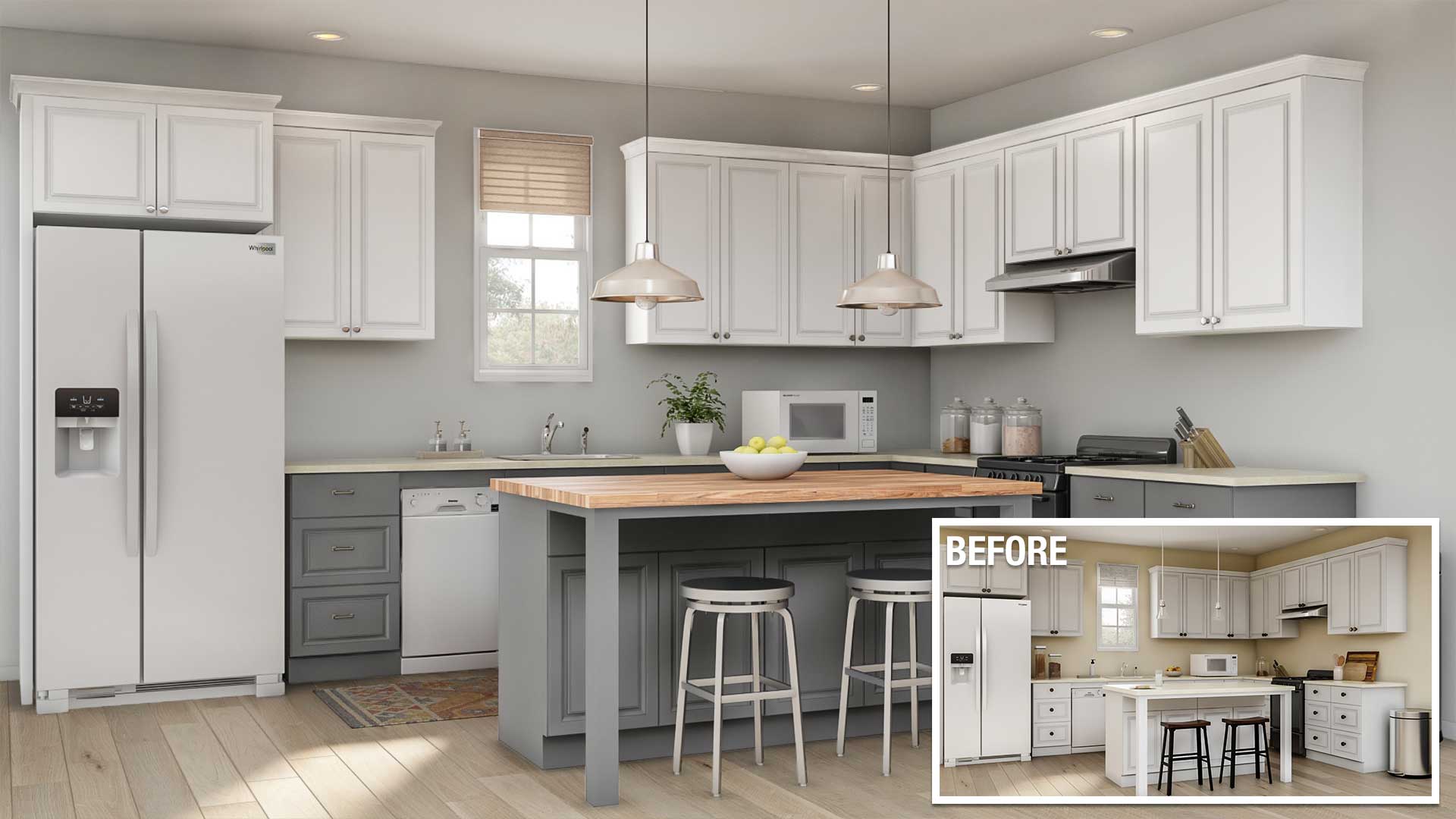 a before and after of a minor kitchen remodel