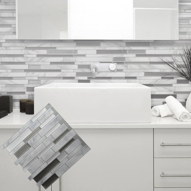 White Grey Marble Mosaic Peel and Stick Wall Tile Self adhesive