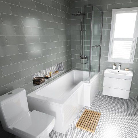 1700mm Right Hand L-Shaped Bath with 6mm thick Screen, rail & front