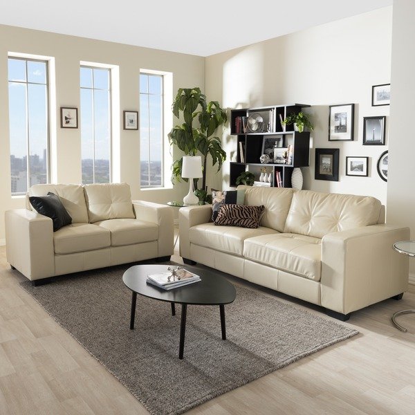 Shop Whitney Modern Ivory Faux Leather Sofa and Loveseat Set - Free