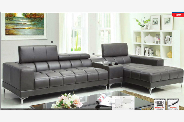 Modern Gray Leather Sectional Sofa Chaise Console Bluetooth Speaker