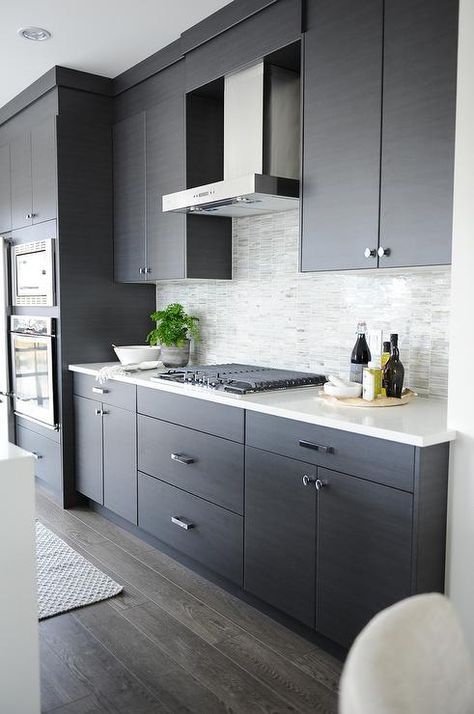 Dark Gray Flat Front Kitchen Cabinets with Gray Mosaic Tile