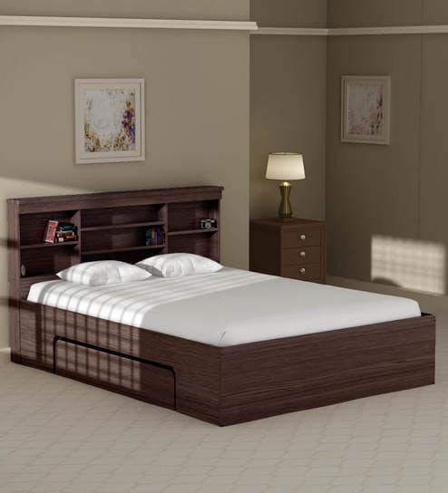 Buy Toya Queen Size Bed with Drawer Storage in Walnut Finish by