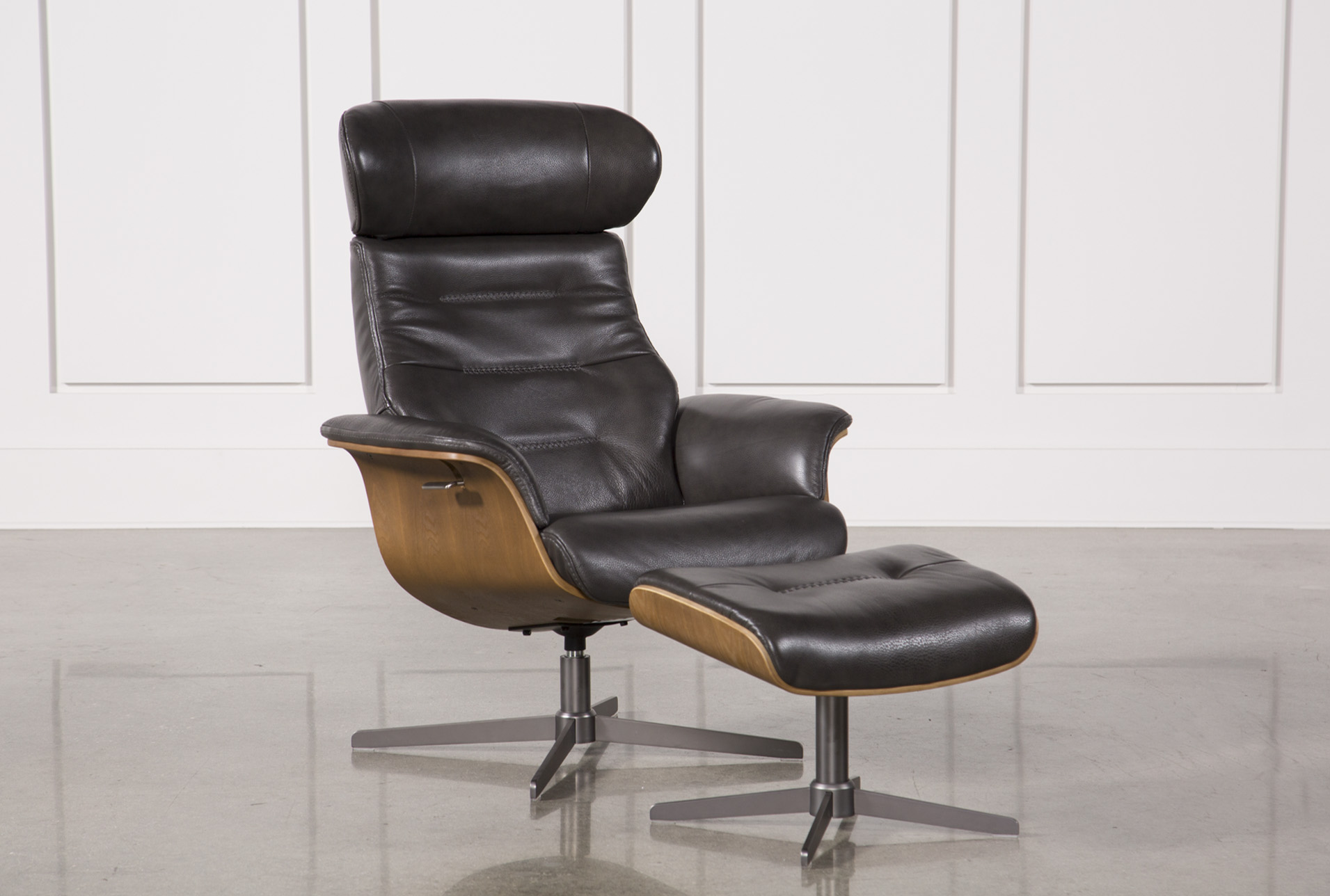 Amala Dark Grey Leather Reclining Swivel Chair & Ottoman | Living Spaces