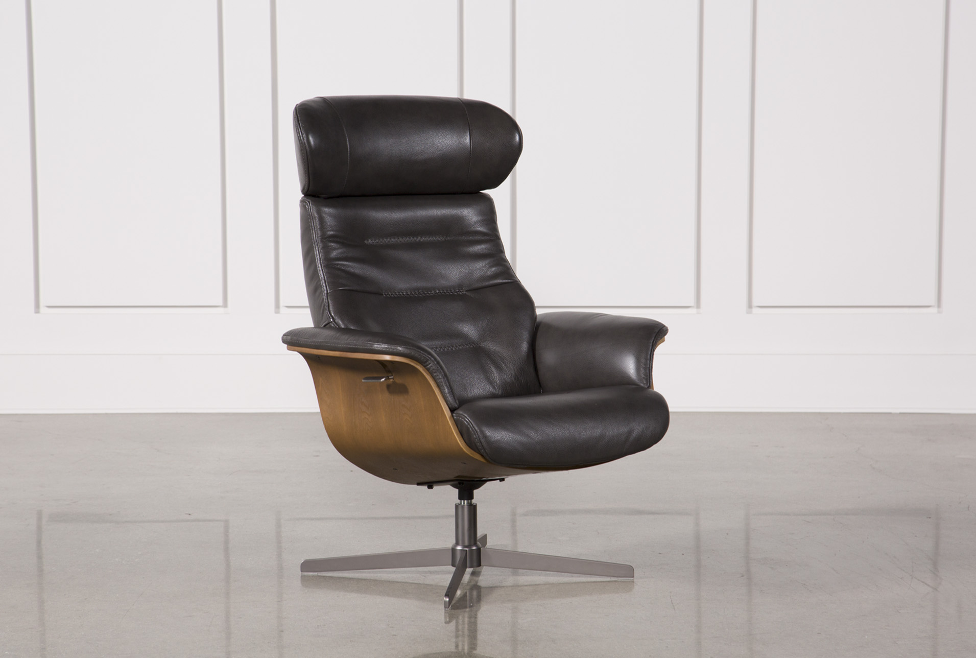 Amala Dark Grey Leather Reclining Swivel Chair | Living Spaces