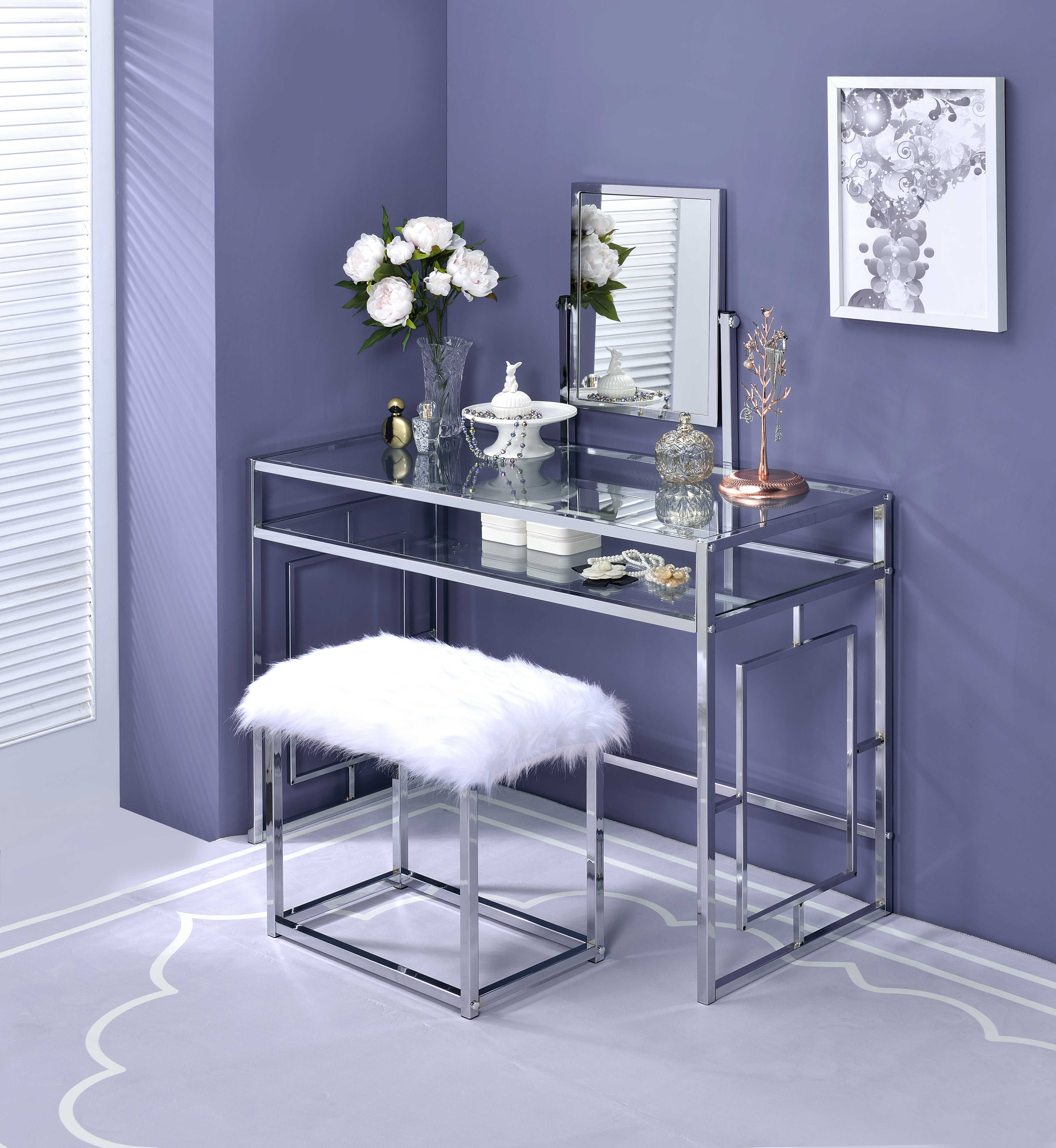 ACME Josh Vanity Table, Mirror, and Stool in White and Chrome