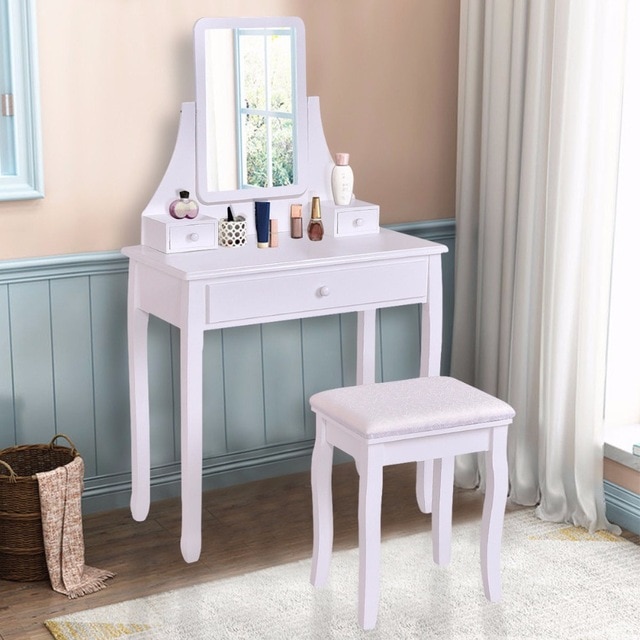 Goplus White Makeup Dressing Table Vanity Desk and Stool Set with