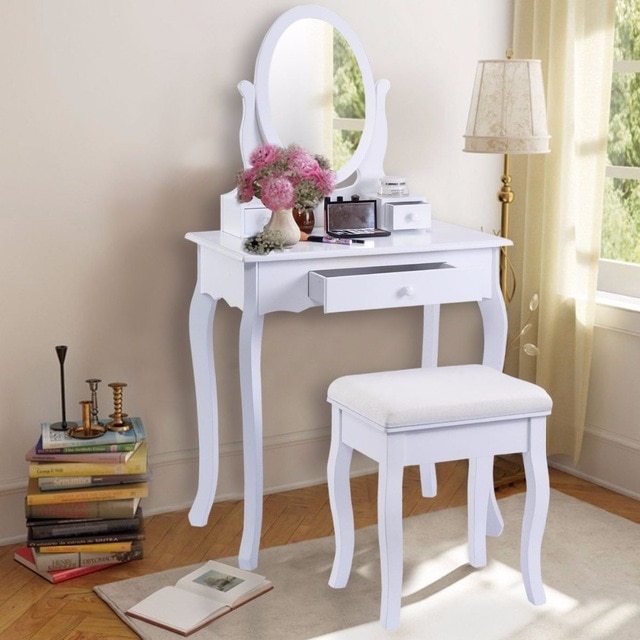 Golpus White Vanity Table Jewelry Makeup Desk and Bench Dresser with