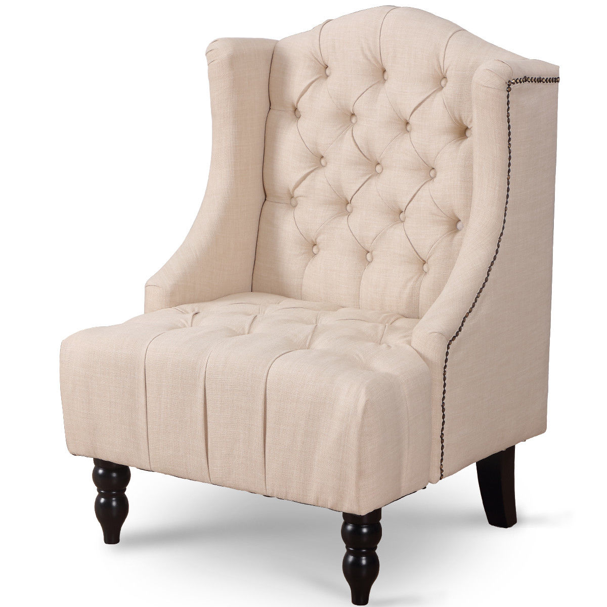 Gymax Wingback Tufted Accent Chair Fabric Nailhead Vintage Armchair