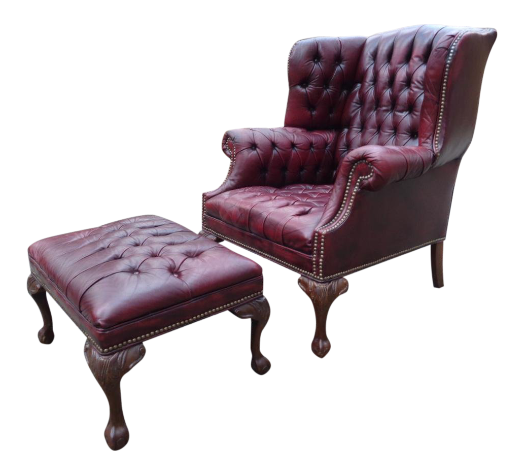 Vintage Oxblood Tufted Leather Chesterfield Wingback Chair & Ottoman