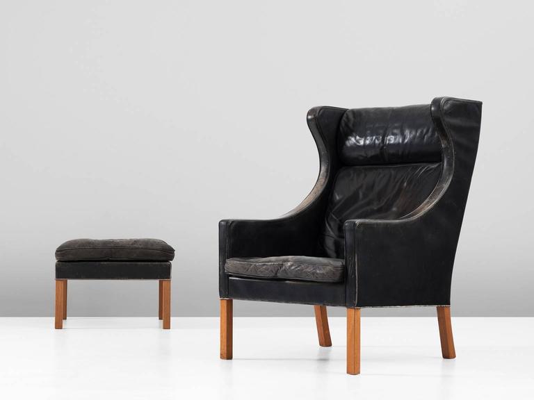 Børge Mogensen Wingback Chair and Ottoman in Black Leather For Sale