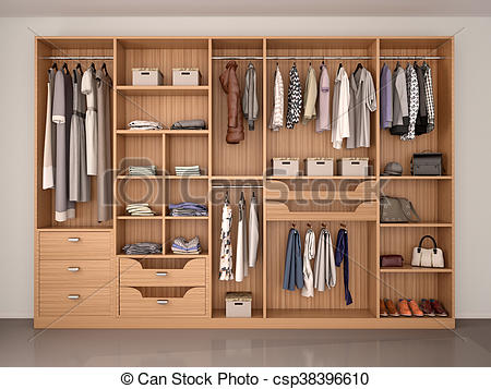 Wooden wardrobe closet full of different things. 3d illustration.