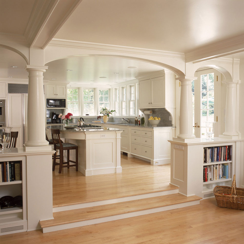 White kitchen and breakfast room with fireplace and arches by Huestis-Tucker-Architects-LLC How long does it take to paint a room?  Know information before you start