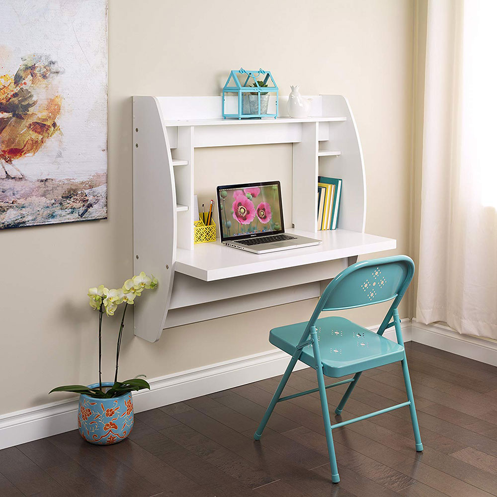 White-Floating-Desk-with-Storage Use a desk for a small space and the options that you can try