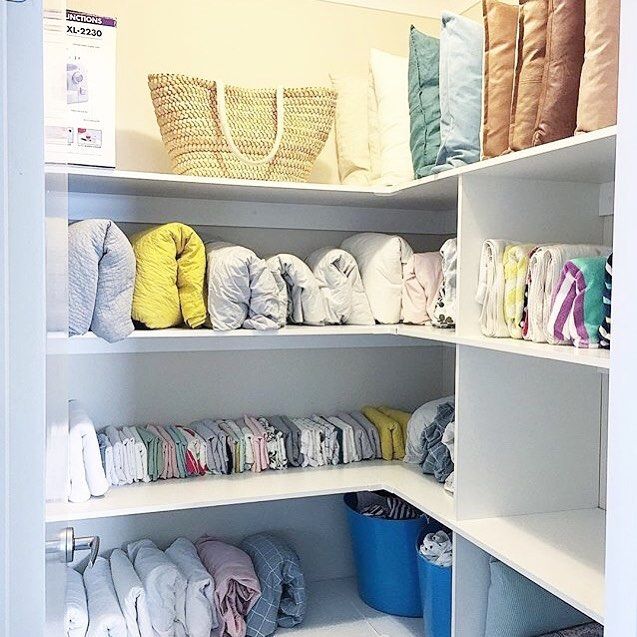Linen closet, beautifully tidied using the #konmarimethod .