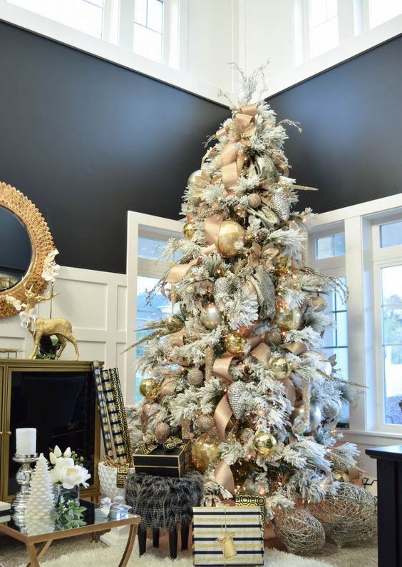 a flocked tree with silver, gold and copper ornaments for a glam look
