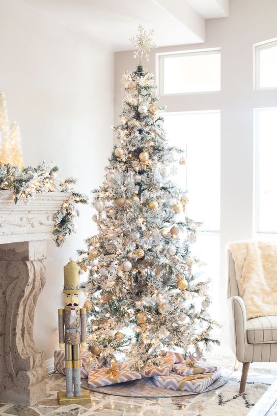 metallic decor is a popular option for a flocked tree as it bring glam and chic