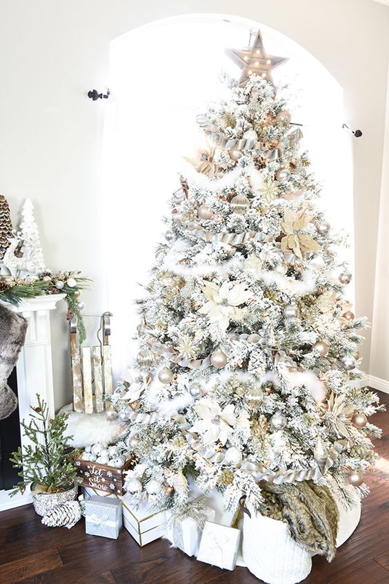 silver and pearl ornaments highlight the tree decor and make it amazing