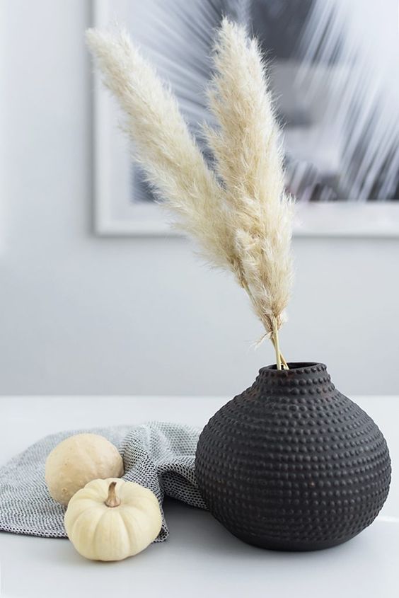 Laconic Scandinavian autumn decoration with a black vase and pampas grass, white pumpkins and a towel is cool