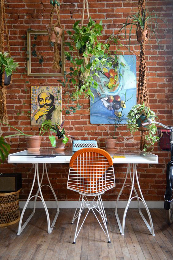 Nature-inspired home office with brick walls