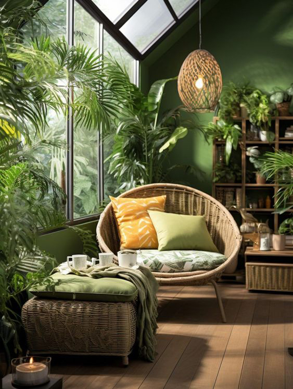 Home furniture made of wood and rattan with plants