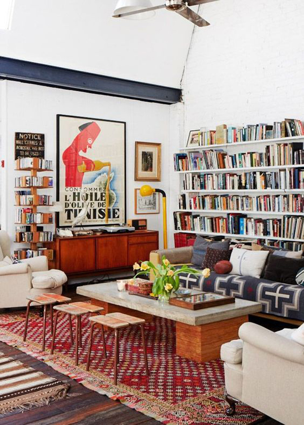 eclectic-living-room-design-with-home-library