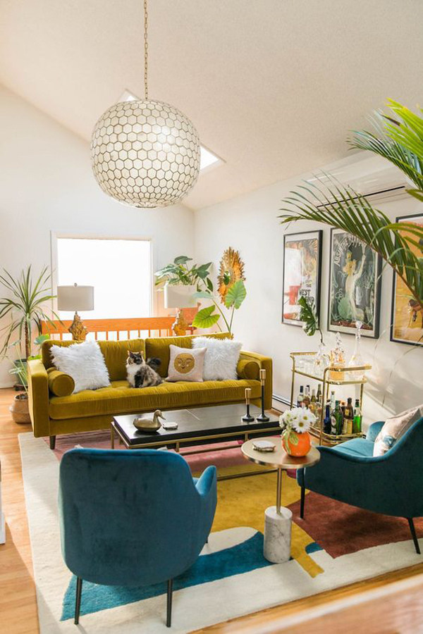Vibrant mid-century living room with eclectic decor