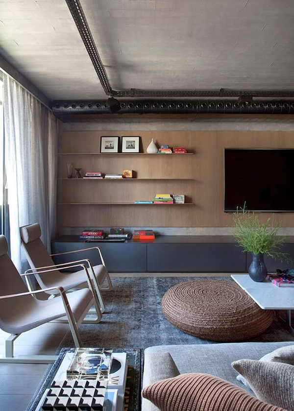 Stylish TV wall system with wooden paneling