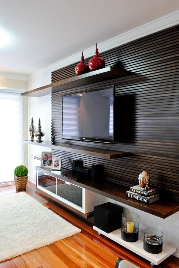 Dark wood TV background with shelf 