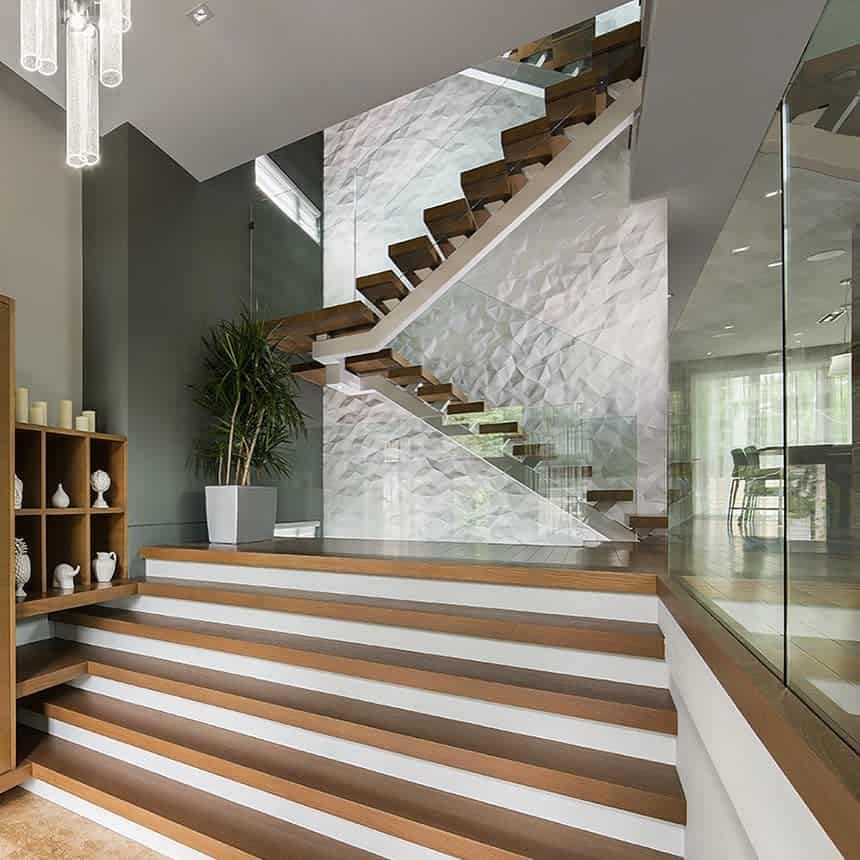 White textured wall wooden stairs 