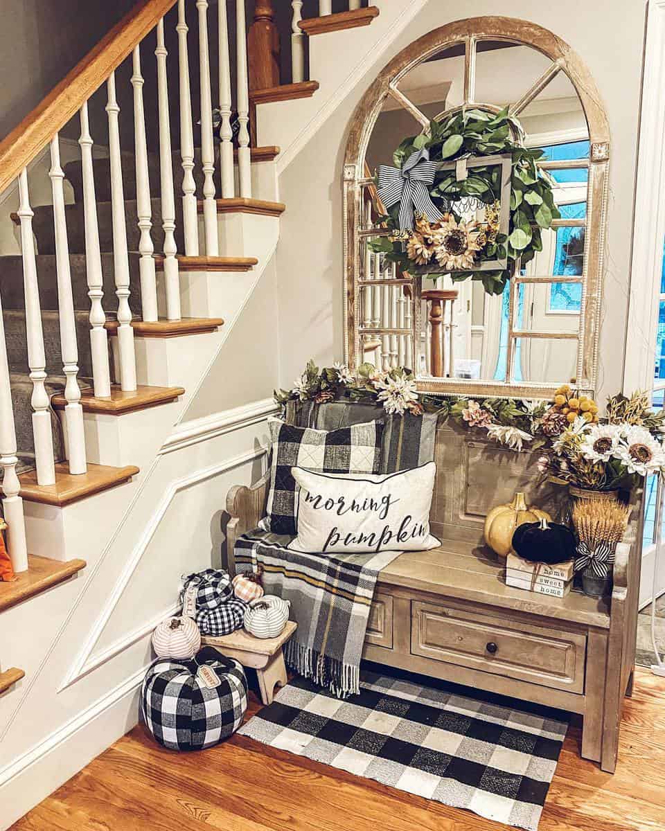 Rustic farmhouse foyer with bench and closet 