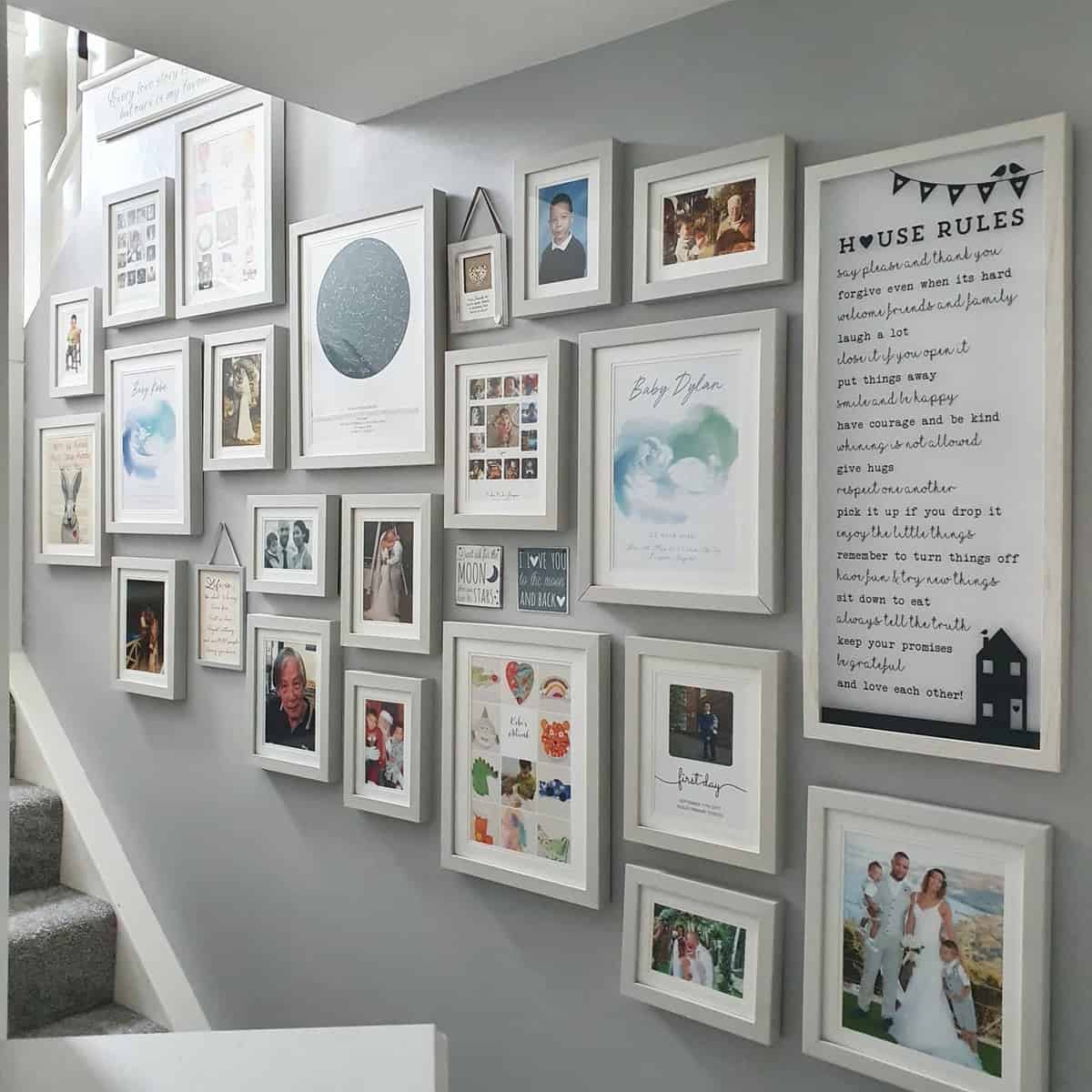 Framed pictures stair wall